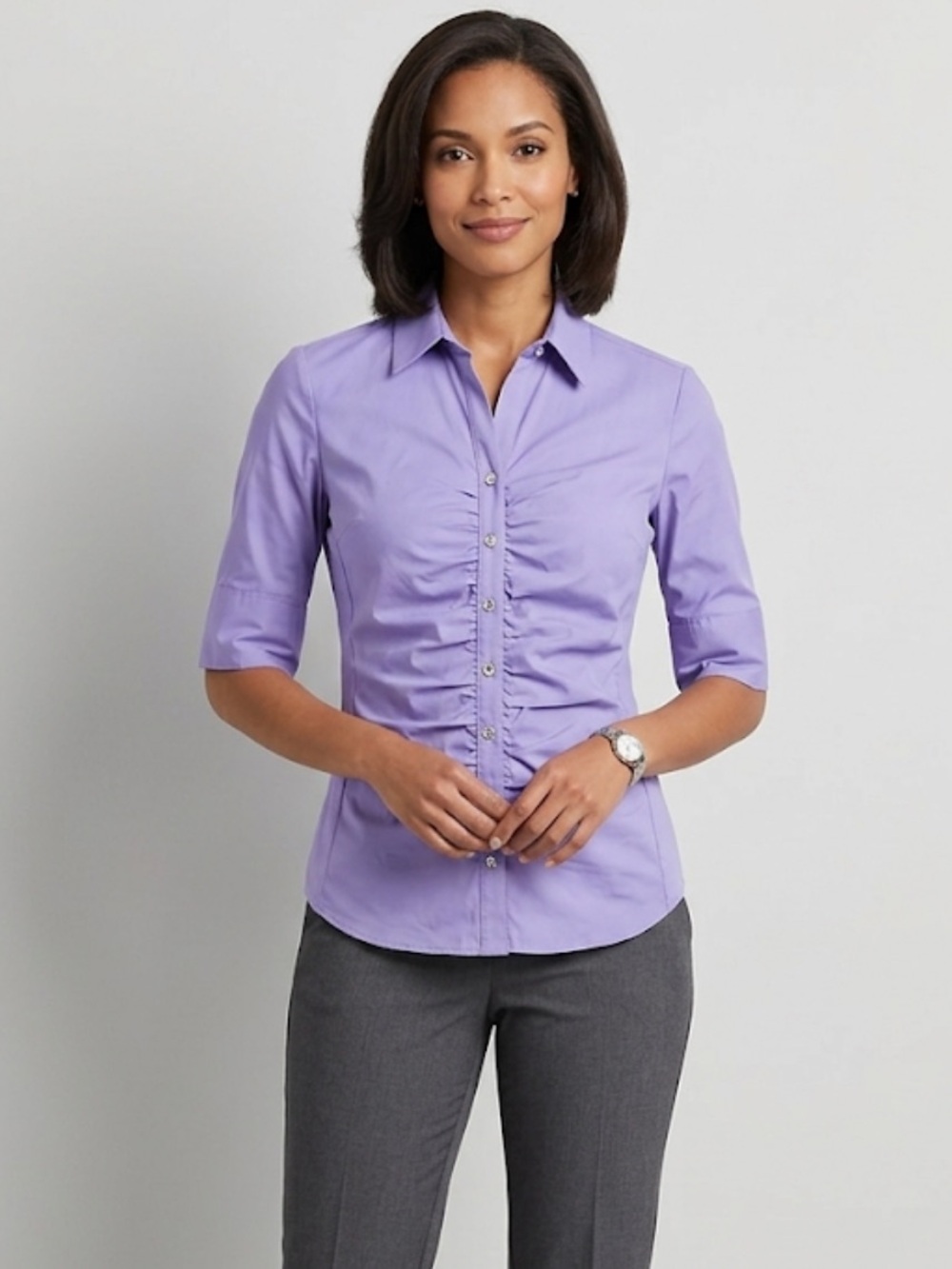 7th avenue New York & Company Women’s Ruched Button-Front Shirt Lavender size XS